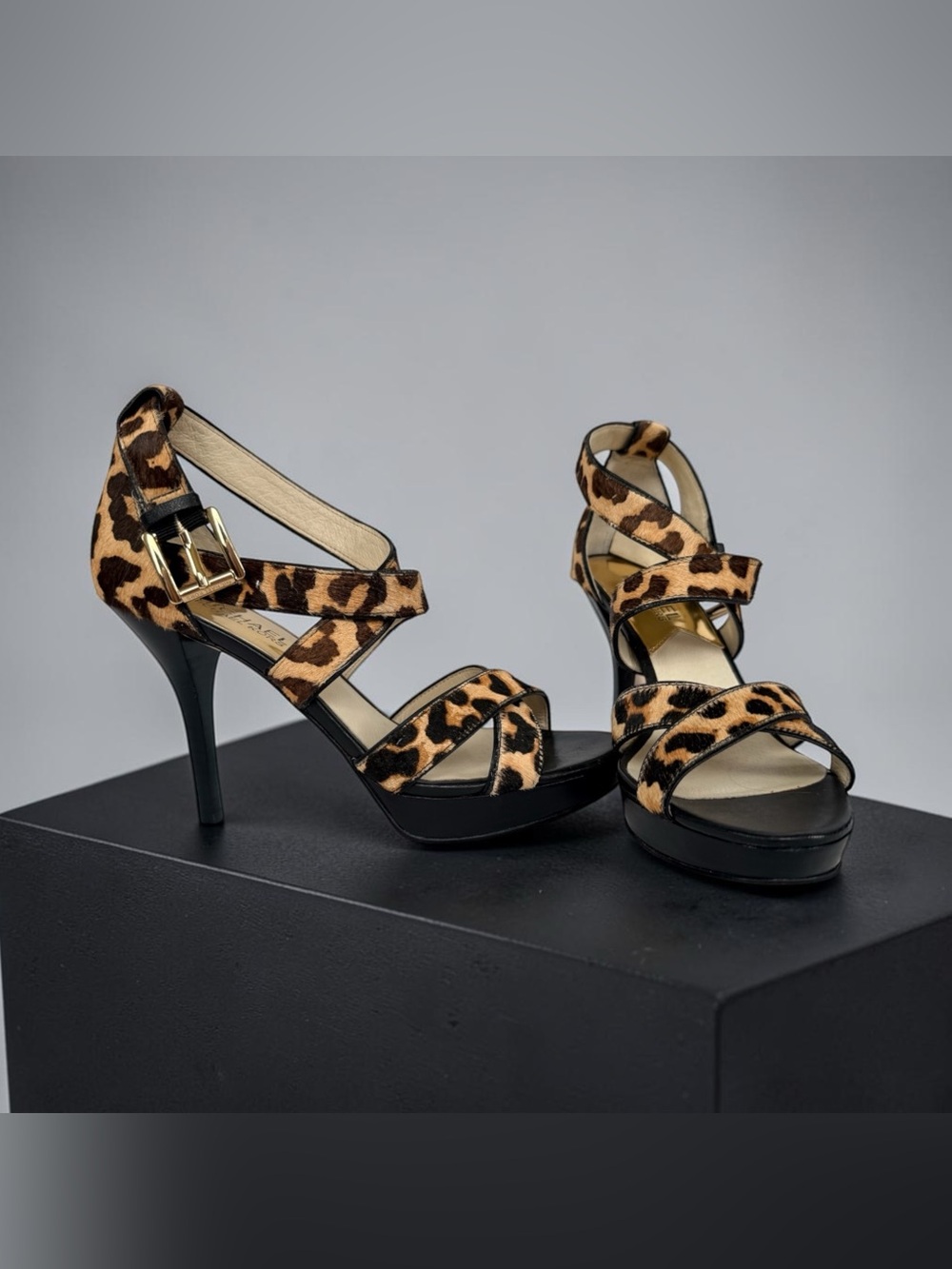 Michael Kors Leopard Fur Strappy Ankle Strap Buckle Open Toe Stiletto 6.5M
